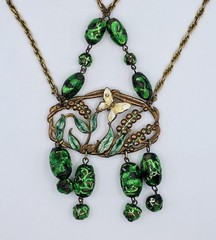 Art Nouveau Statement Bib Necklace Enamel Butterfly Lava Glass REPURPOSED