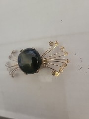 Vintage Metal Brooch W Black Stone In Middle