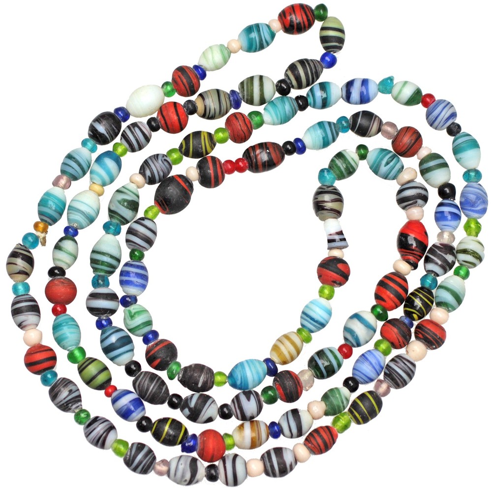 Vintage Hand Blown Glass Trade Bead Necklace Red Blue Green Striped 48″ Long