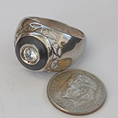 Chunky Silver Signet Ring Black Enamel Crystal Vintage Statement Domed Men Women