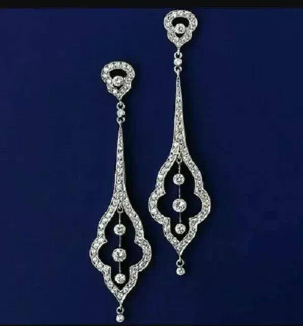 Art Deco Three Stone Dangle Earrings 2.5Ct Simulated Diamond 14K White Gold Over