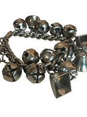 VTG Silver Tone Charm Bracelet Jingle Bells & Geometric Shapes 7 Inches Chunky