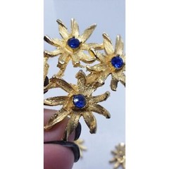 Vintage 18K Gold Plated Flower Brooch Earrings Set Blue Rhinestone Floral