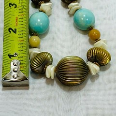 Vintage Designed By Paula Faux Necklace wood, plastic, metal & stone teal bronze