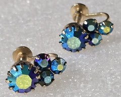 Vintage Purple Blue Aurora Borealis Rhinestones Brass Screw Back Earrings