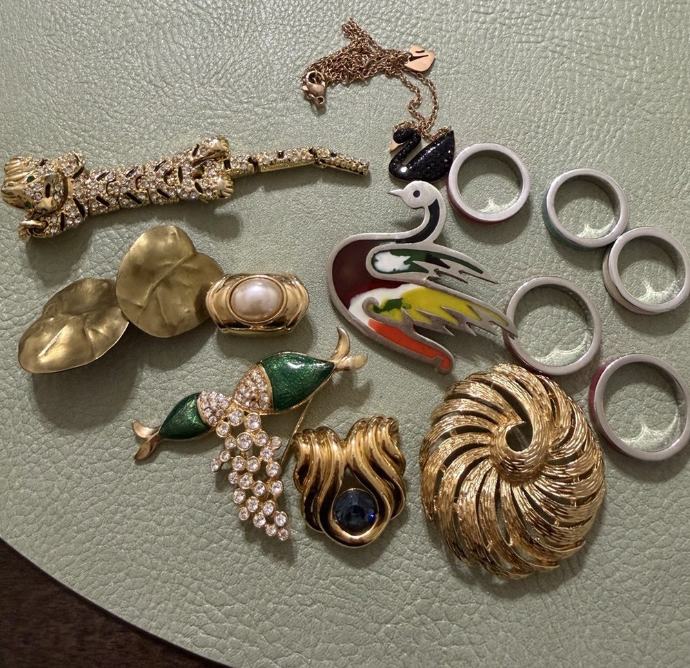 Vintage Multicolor Clip On Earrings & Brooch, Necklace Fashion Jewelry