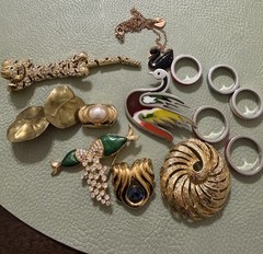 Vintage Multicolor Clip On Earrings & Brooch, Necklace Fashion Jewelry