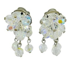 Vintage silver tone aurora borealis crystal glass beaded cluster clip earrings