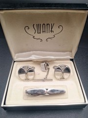 Vtg Men’s SWANK Cufflinks & Tie Clip Tie Bar Set Geometric Circular Ds Slvr-Tone