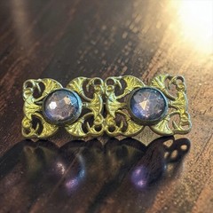 Vintage Art Nouveau Revival Brass Tone Brooch Purple Glass Cabochon Pin