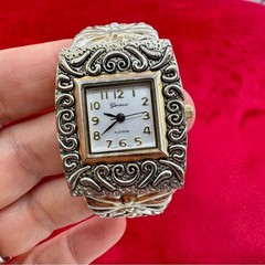 Vintage Geneva Silvertone Women’s Cuff Watch Ornate Statement Bracelet Watch