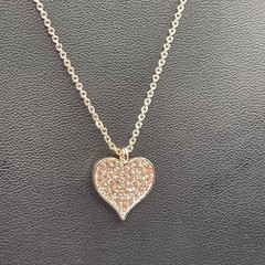 Necklace Vintage SIGNED V Heart Pave Rhinestones Rose Gold Tone Jewelry
