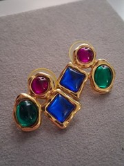 1980s bold runway earrings, glass cabochon trio, geometric, asymmetrical