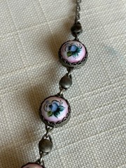 Vtg Hand Painted Enamel Rostov Finift USSR necklace flowers Oxidized Station 21″