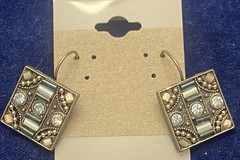 Unique Art Deco Inspired Square Dangle Silver Tone Earrings with Sparkle