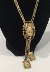 Vintage 1950s Selro Selini Princess Face Slide Bolo Necklace Gold Tone Statement