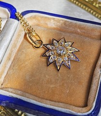 Antique Victorian GIA 19K Gold 1.21ctw Old Mine Diamond Blue Enamel Star Pendant