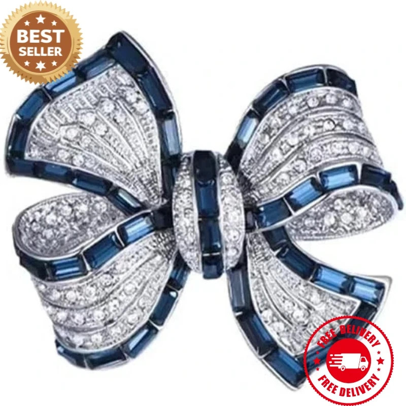Rhinestone Bow Brooch Pin – Vintage Blue Crystal Lapel Accessory for Women