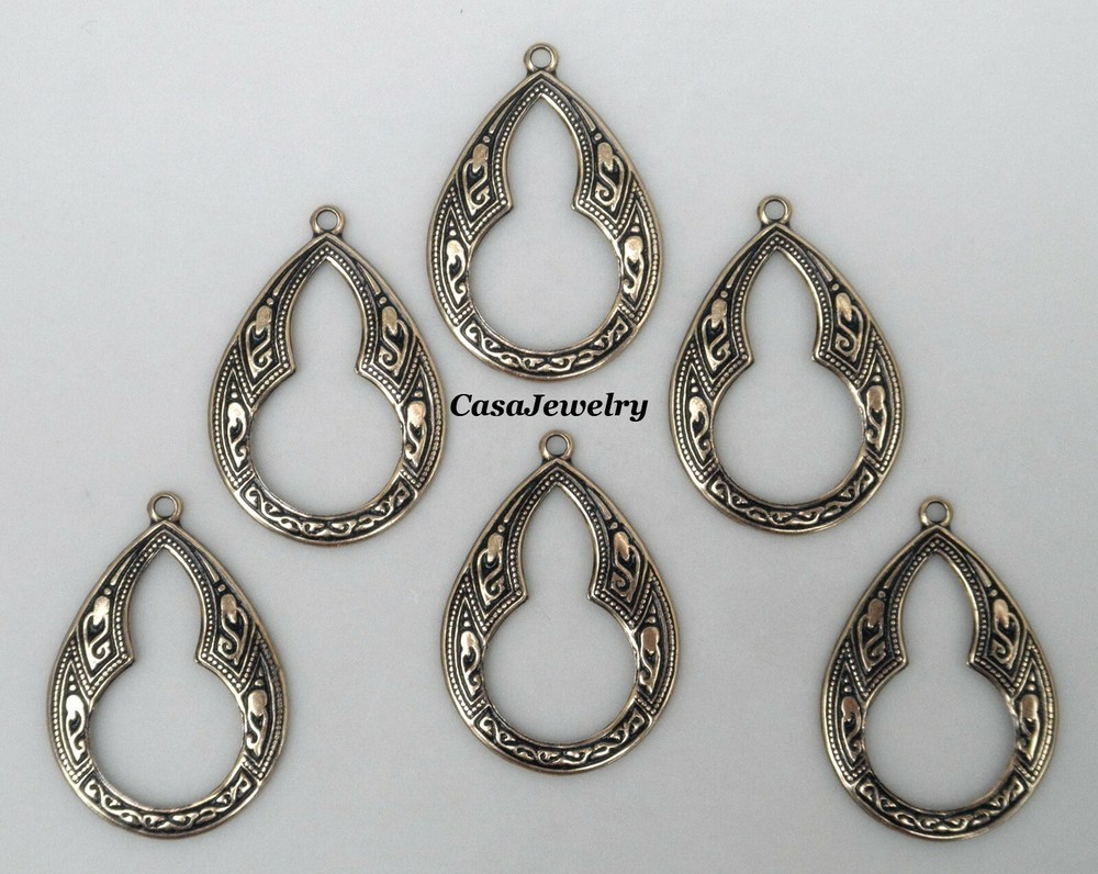 #0099 ANTIQUED GOLD OPEN TEARDROP W/TOP HANG RING – 6 Pc Lot
