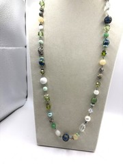 Green & Blue Cloisonne White And Sand Colored Beaded Necklace Silver Tone