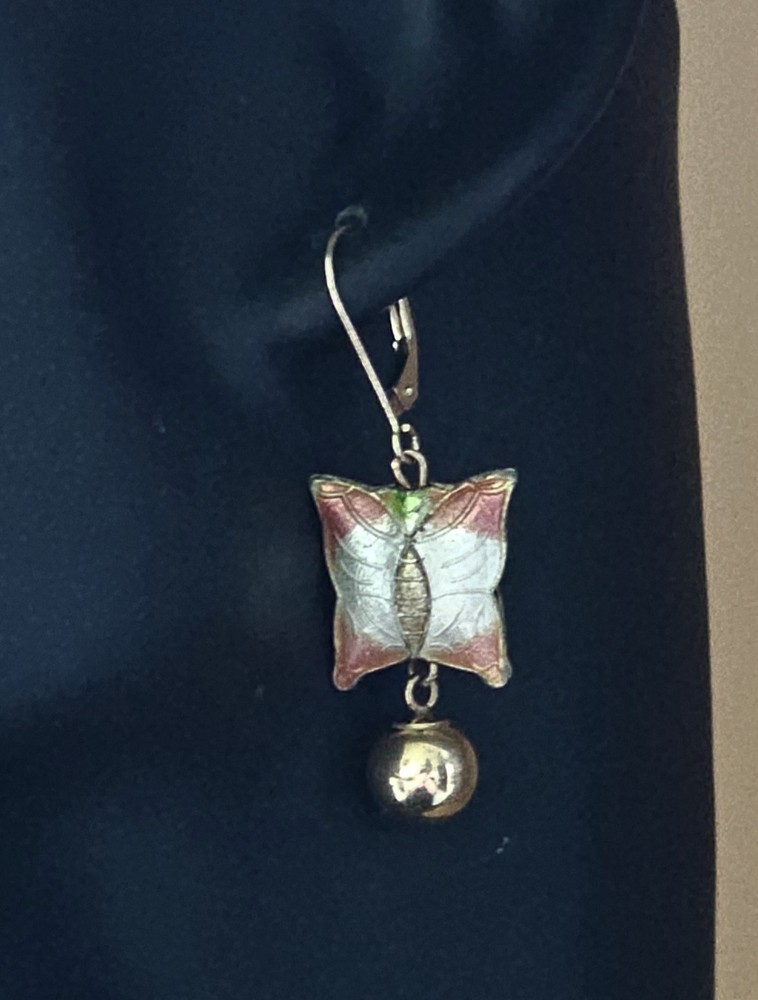 Vintage 14K Gold Enamel Butterfly Earrings Leverback Dangle Art Nouveau Style