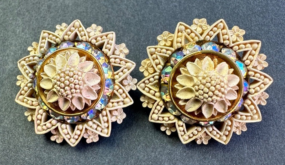 Vintage Cream Color Celluloid Intricate Flower Crystal Rhinestone Clip Earrings