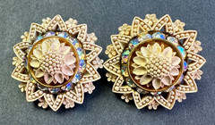 Vintage Cream Color Celluloid Intricate Flower Crystal Rhinestone Clip Earrings