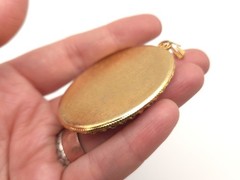 Vintage Porcelain Asian Japanese Couple Scene Gold Tone Large Oval Pendant