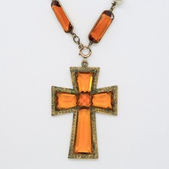 Rare Antique Czech Amber Glass Latin Cross Necklace Blown Glass Pearls 1920s