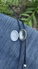 Vintage Style Oval Silver Locket Bolo Tie Black Leather Cord FREE SHIPPING