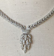 Vintage Pavé Crystal Rhinestone Statement Necklace Feather Drop