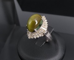 Vintage 8.54ct Cat’s Eye Tourmaline & 1.08ct Diamond Platinum Ring, Size 6