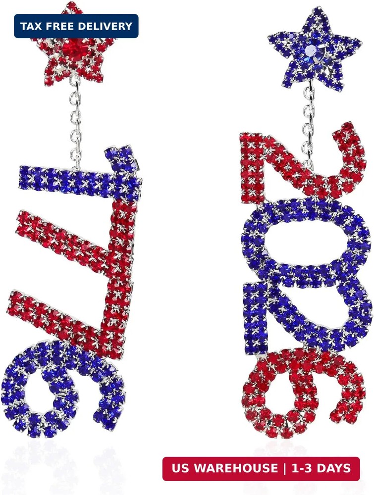 Patriotic 4th of July Earrings for Women, USA Flag Rhinestone Dangle Earrings, 2