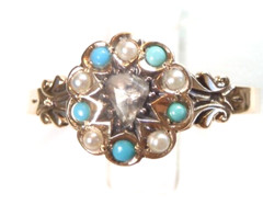 Victorian Art Deco Diamond Engagement Pearl Turquoise 14KY Ring Size 11.75 UK-X