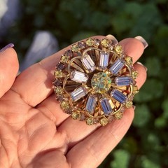 VTG Mid Century Starburst Snowflake Rhinestone Brooch Pin lavender Yellow jewelr