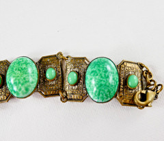 Vintage Czech Ornate Brass Tone Bracelet Filigree Links Peking Glass Cabochons