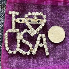 Patriotic I Heart Love USA America Flag Rhinestones Prong Set Silver Tone ‘READ