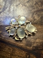 Vintage Joseph Mazer Jomaz Golden Ridged Moonstone Cabochon & Rhinestone Brooch