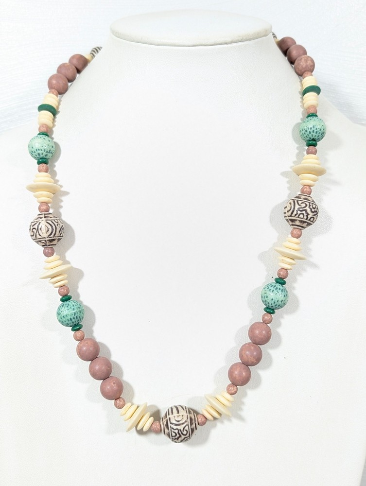 Vintage Green Cream Beaded necklace Boho Tribal Style 26 in