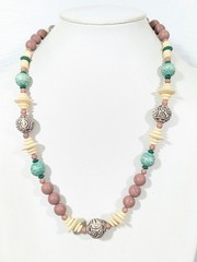 Vintage Green Cream Beaded necklace Boho Tribal Style 26 in
