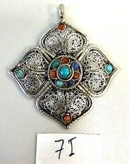 Vintage Nepal Filigree Pendant Turquoise Coral Lapis Silver Tone Boho Ethnic