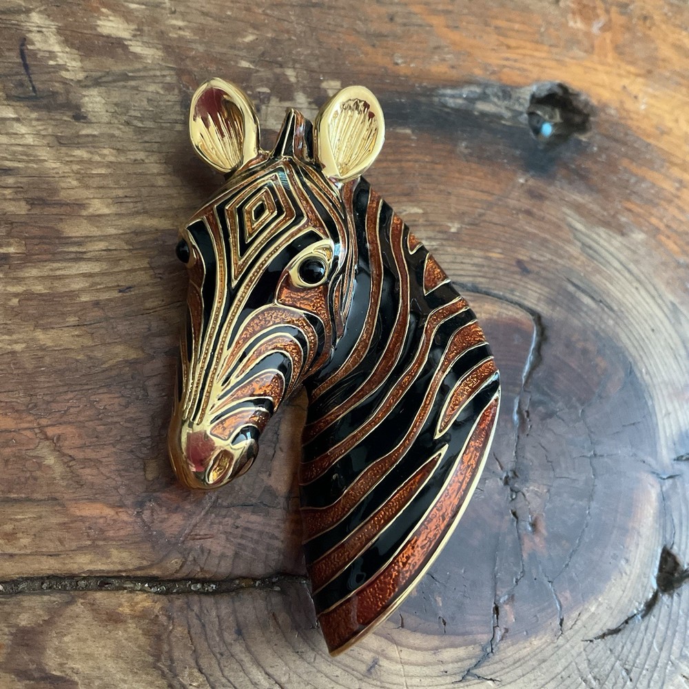 Vintage Signed MMA CINER Black Enamel and Rhinestone ZEBRA Pin Brooch – MINT