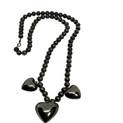 Vintage Triple Puffy Heart Charm Necklace Silver Tone Beaded