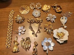 Vintage Jewelry Lot – Gold Tone And White – Brooches – Owl Necklace – Marked