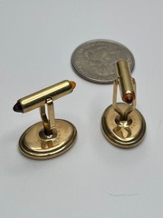 Vintage Krementz Oval 14K Gold Overlay Engine Turned Amber Glass MCM Cufflinks