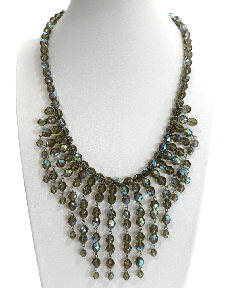 Vintage Smoky Gray AB Waterfall Fringe Statement Faceted Crystal Necklace 20″
