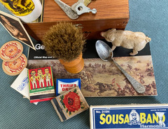 Vntg. Junk Drawer Lot Cigar Box Bakelite Brush,Flask,Pep Boy’s Matches Spoons —