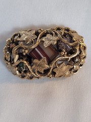 Vintage Ivy leaves gold tone w/stones Victorian revival brooch 2″