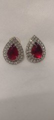Vtg Red Ruby & Diamond Cubic Zirconia Rhinestone Earrings, Prong Set Silver Tone