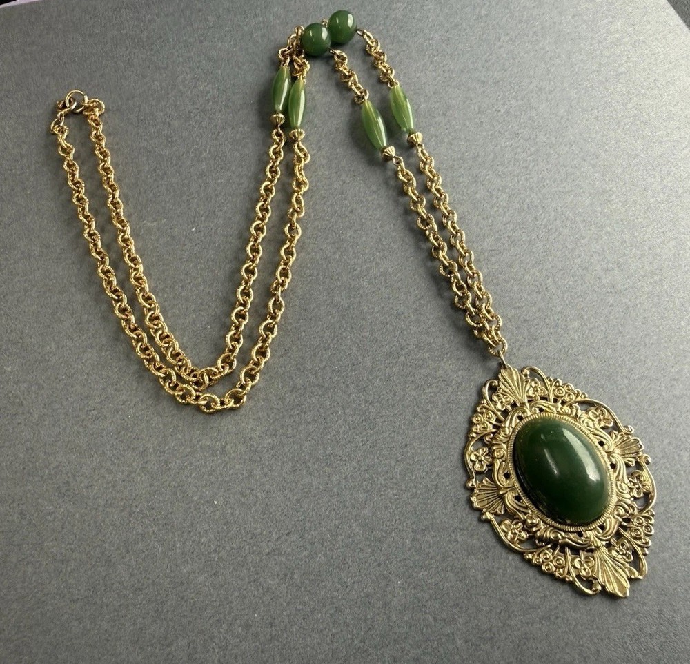 Vintage Green Lucite Faux Jade Filigree Pendant Long Brass Chain Bead Necklace